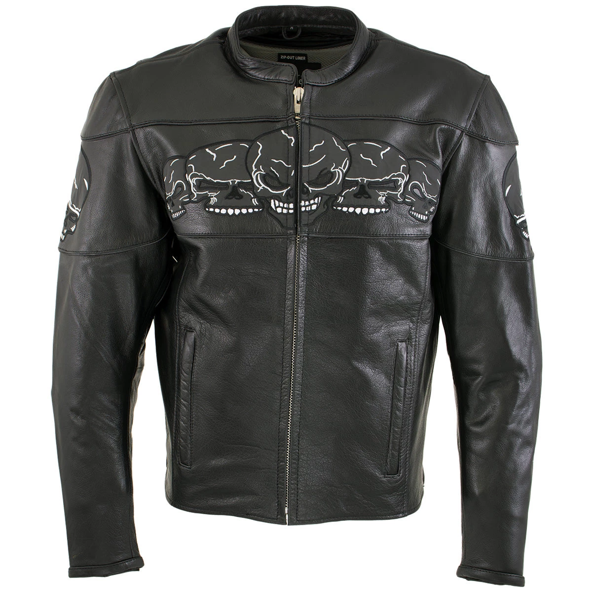 Leather Motorcycle Jackets Xelement BXU6050 Men's '3 Skull Head' Black Leather Motorcycle Jacket With X-Armor Protection