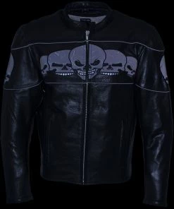 Leather Motorcycle Jackets Xelement BXU6050 Men's'3 Skull Head' Black Leather Motorcycle Jacket With X-Armor Protection