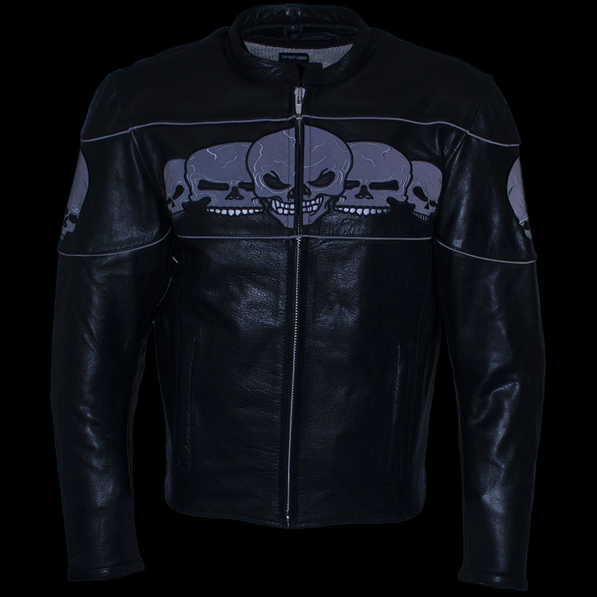 Leather Motorcycle Jackets Xelement BXU6050 Men's '3 Skull Head' Black Leather Motorcycle Jacket With X-Armor Protection