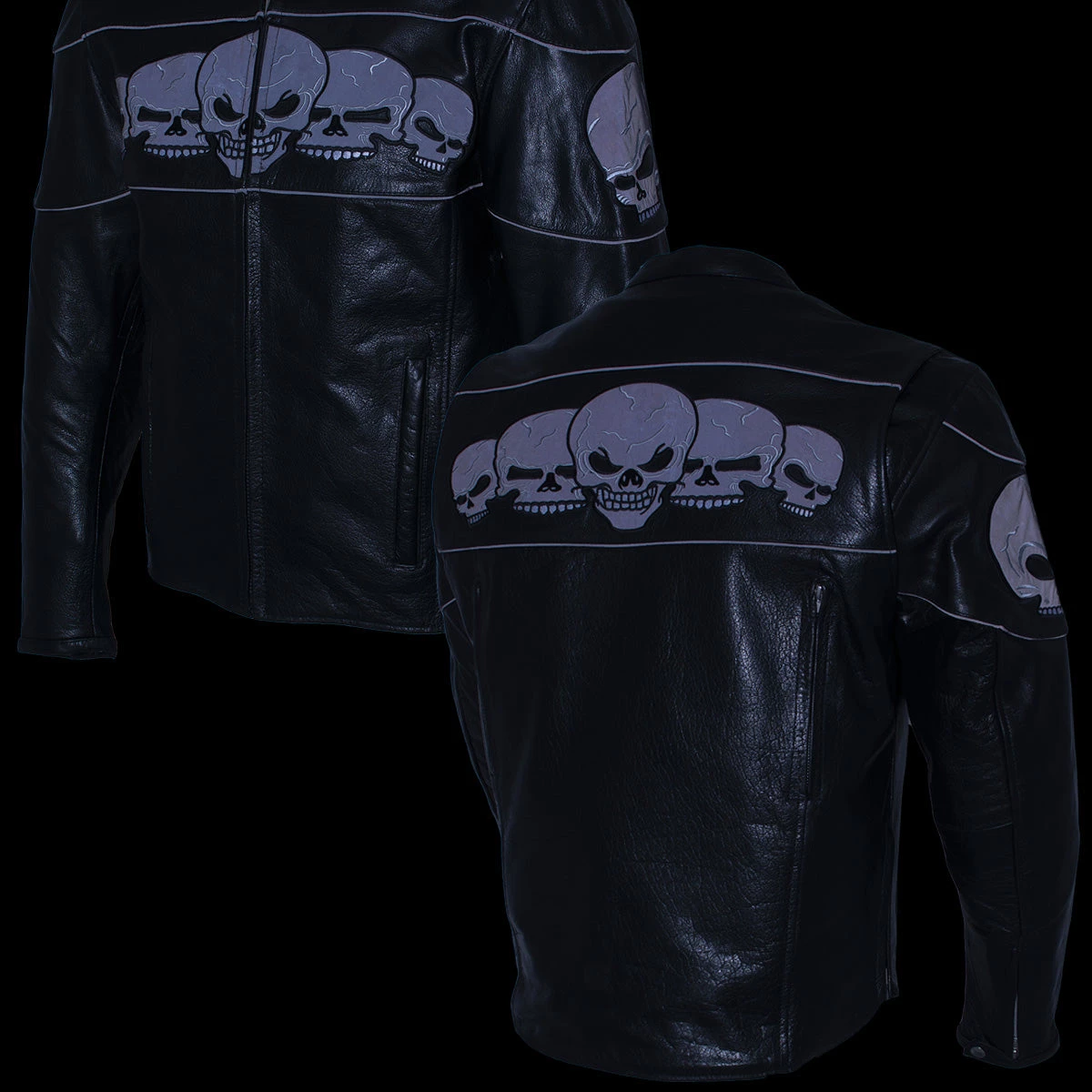 Leather Motorcycle Jackets Xelement BXU6050 Men's '3 Skull Head' Black Leather Motorcycle Jacket With X-Armor Protection