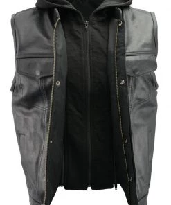 The Bikers Zone Men’s Premium Black Leather Club Style Vest With Removable Bib Hoodie BZ6110 Motorcycle Vests