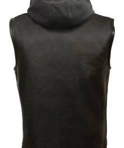 The Bikers Zone Men’s Premium Black Leather Club Style Vest With Removable Bib Hoodie BZ6110 Motorcycle Vests