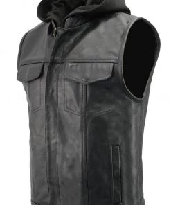 The Bikers Zone Men’s Premium Black Leather Club Style Vest With Removable Bib Hoodie BZ6110 Motorcycle Vests