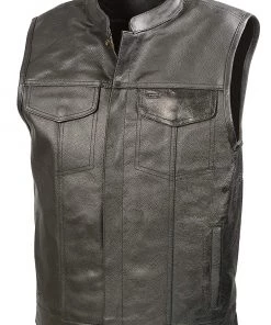 The Bikers Zone SOA Men’s Black Leather Club Style Motorcycle Vest BZ6210