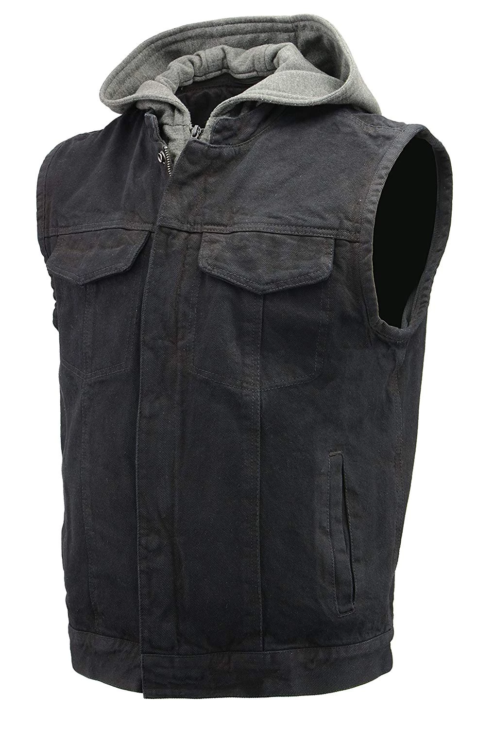 The Bikers Zone Men’s Denim Rustic And Casual Black Jean Club Style Vest With Removable Hoodie BZ7200 Motorcycle Vests