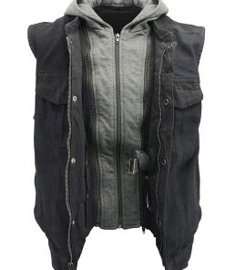The Bikers Zone Men’s Denim Rustic And Casual Black Jean Club Style Vest With Removable Hoodie BZ7200 Motorcycle Vests
