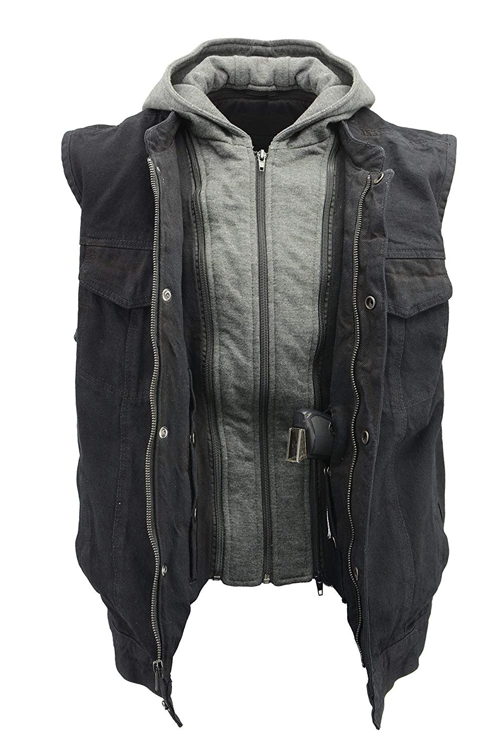 The Bikers Zone Men’s Denim Rustic And Casual Black Jean Club Style Vest With Removable Hoodie BZ7200 Motorcycle Vests
