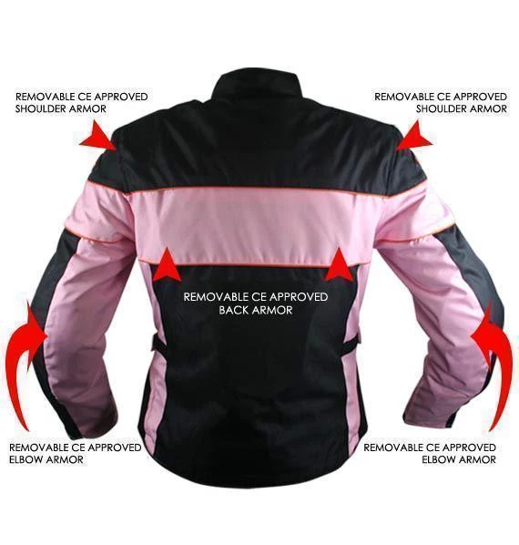 Xelement CF462 Ladies 'Pinky' Black And Pink Tri-Tex Motorcycle Jacket With X-Armor Protection