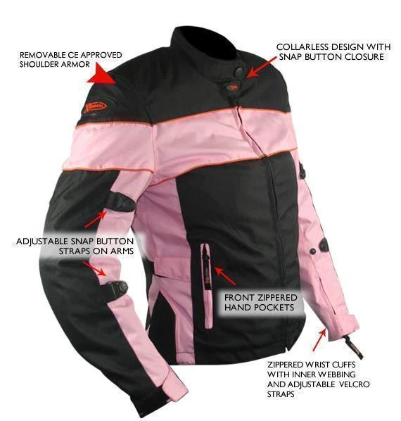 Xelement CF462 Ladies 'Pinky' Black And Pink Tri-Tex Motorcycle Jacket With X-Armor Protection