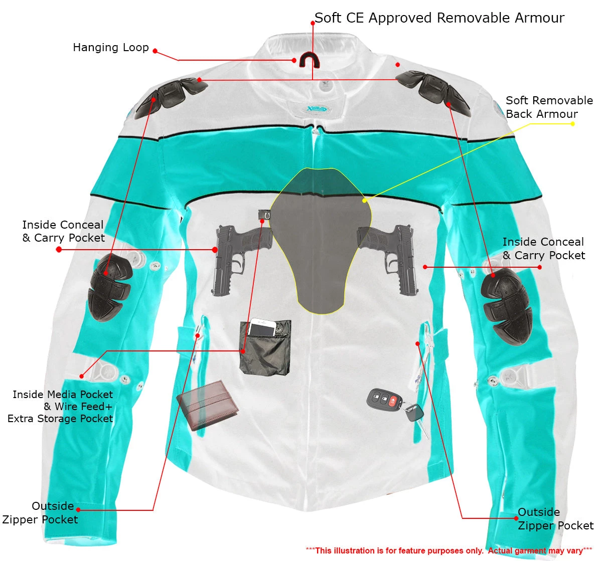 Xelement CF462 Ladies 'Pinky' Black And Pink Tri-Tex Motorcycle Jacket With X-Armor Protection