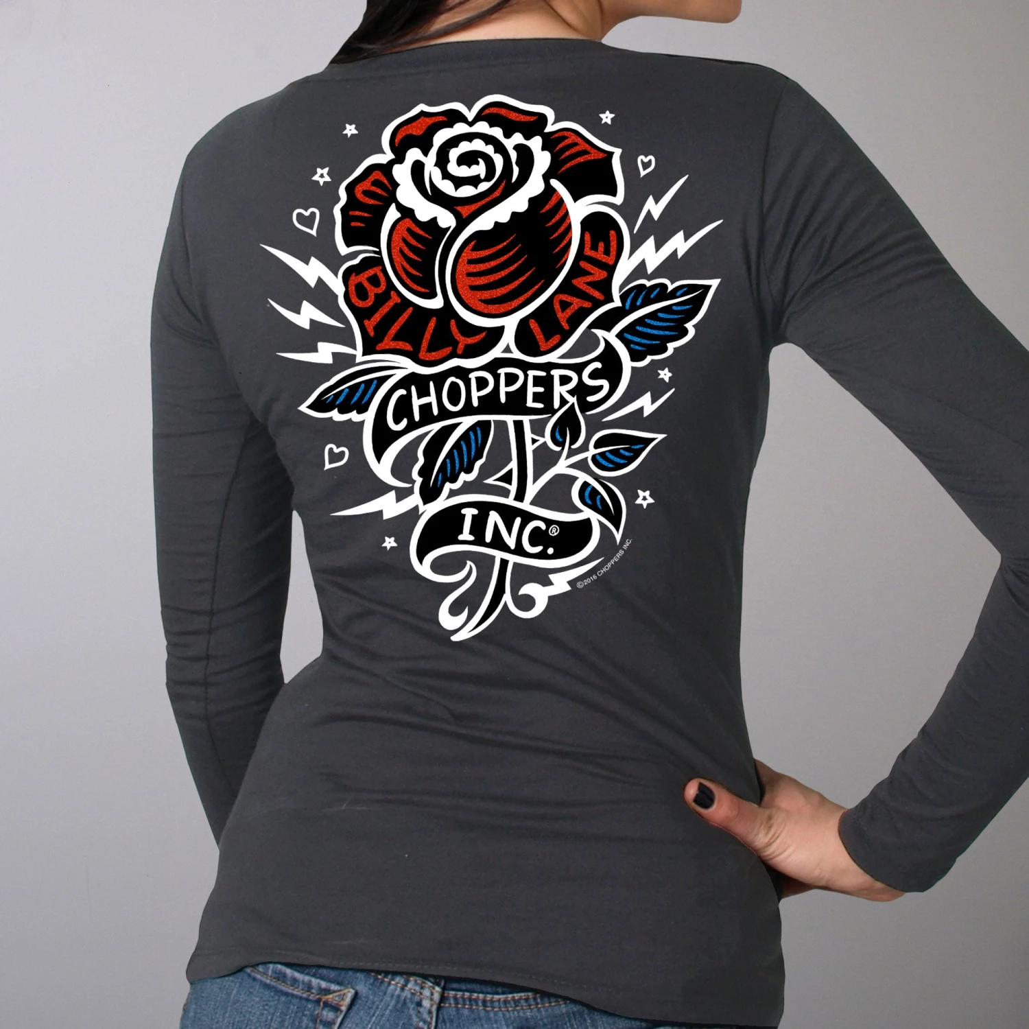 Hot Leathers Official Billy Lane's Choppers Inc CIL3029 Ladies Tattoo Rose Double Sided Smoke Long Sleeve Shirt