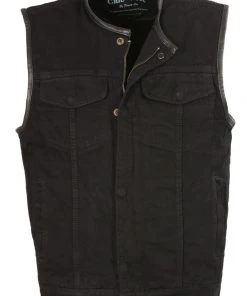 Club Vest CV3004LT Men's Black Denim Collarless Vest With Concealed Snaps And Hidden Zipper Motorcycle Vests