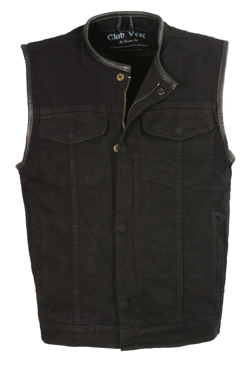 Club Vest CV3004LT Men's Black Denim Collarless Vest With Concealed Snaps And Hidden Zipper Motorcycle Vests