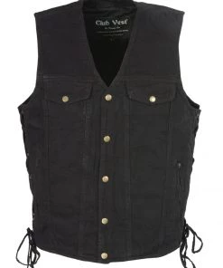 Motorcycle Vests Club Vest CVM1360 Men's Classic Side Lace Black Denim Vest With Snap Buttons