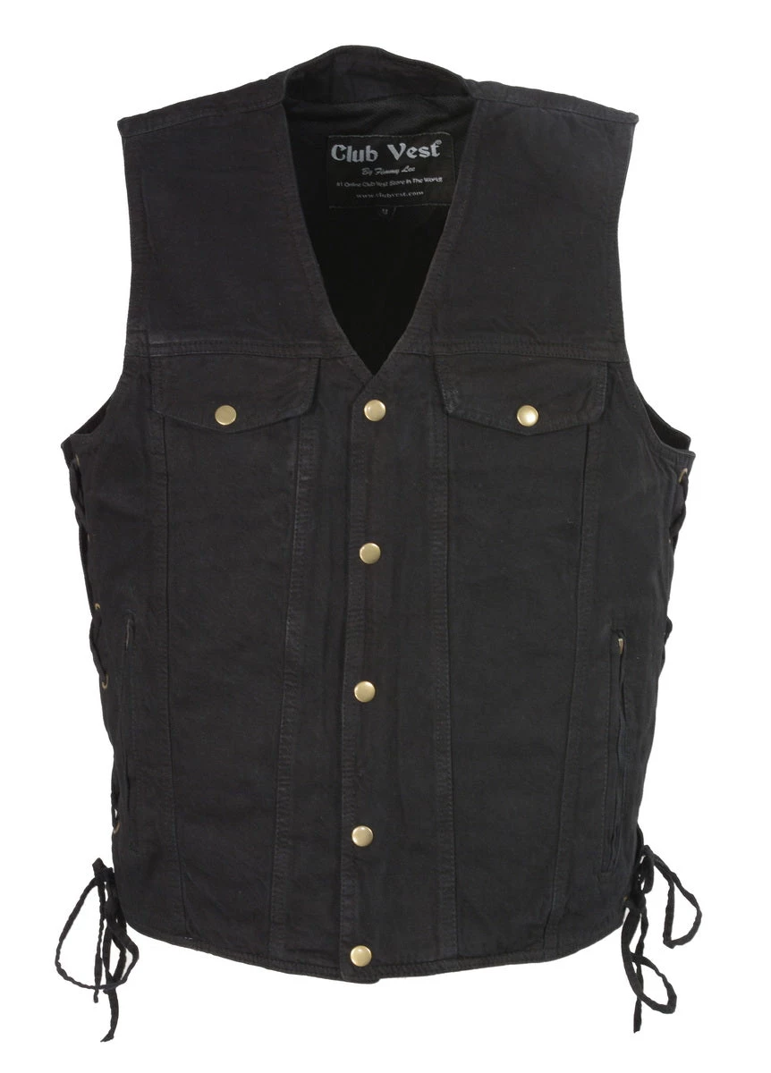 Motorcycle Vests Club Vest CVM1360 Men's Classic Side Lace Black Denim Vest With Snap Buttons