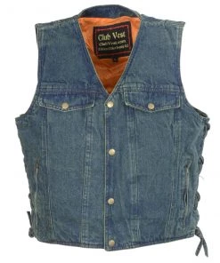 Motorcycle Vests Club Vest CVM1360 Men's Classic Side Lace Blue Denim Vest With Snap Buttons