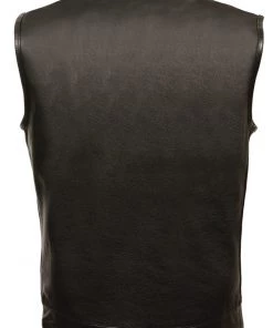 Motorcycle Vests Club Vest CVM2036 Men’s Leather Black Open Collar Vest With Snap Buttons