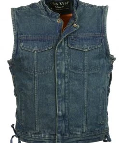 Club Vest CVM3002 Men's Classic Blue Side Lace Denim Vest With Dual Front Closure Motorcycle Vests
