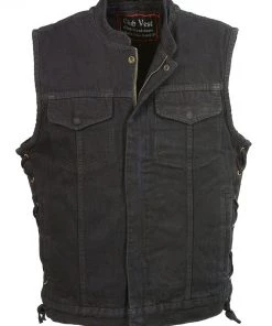 Club Vest CVM3002 Men's Classic Black Side Lace Denim Vest With Dual Front Closure Motorcycle Vests