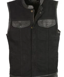 Club Vest CVM3010 Men's Black Denim Vest With Leather Trim Accents