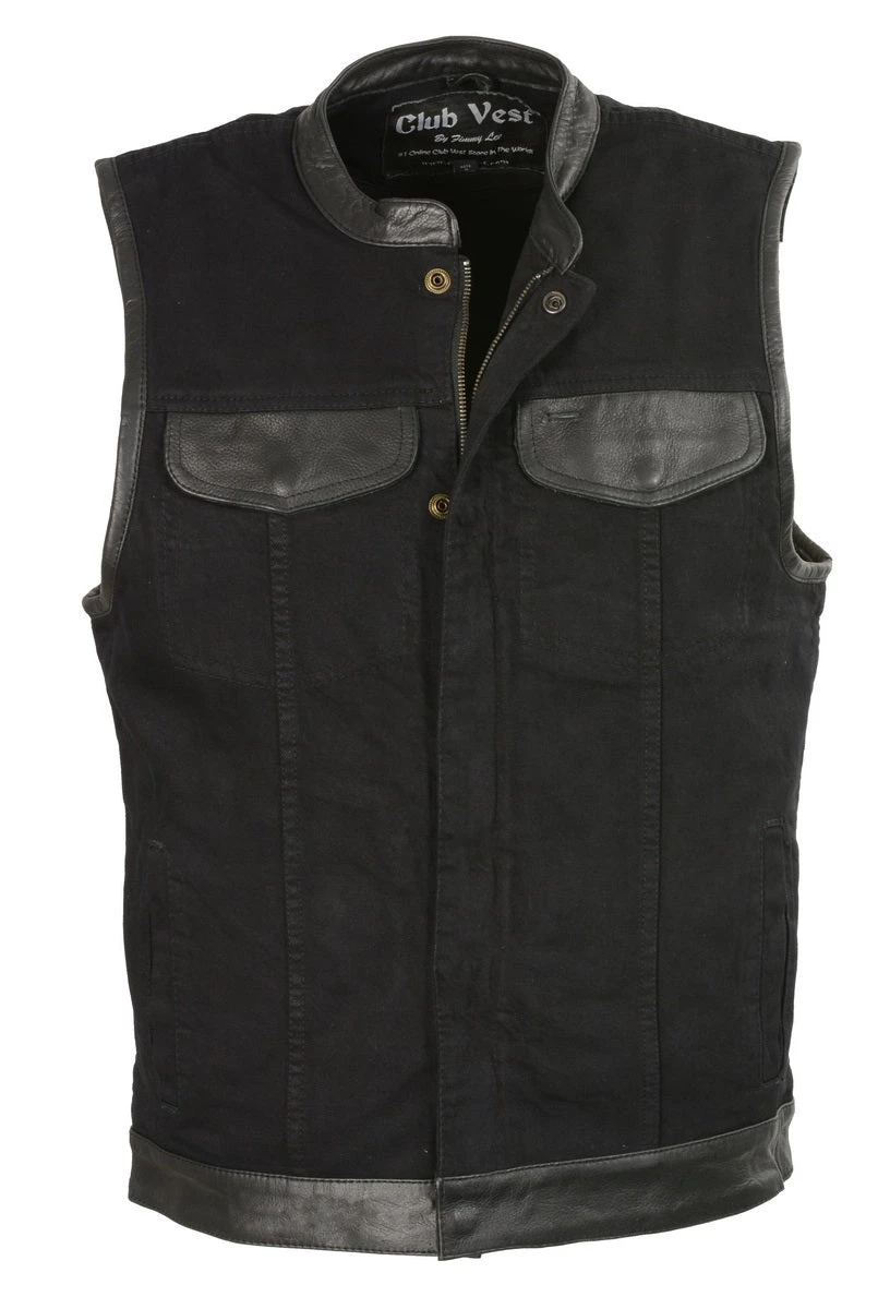 Club Vest CVM3010 Men's Black Denim Vest With Leather Trim Accents