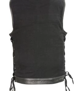 Motorcycle Vests Club Vest CVM3011 Men's Side Lace Black Denim Vest With Leather Trim Accents