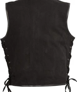 Club Vest CVM3039 Men's Black Denim Vest With Leather Trim, Side Lacing Motorcycle Vests