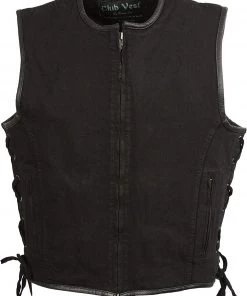 Club Vest CVM3039 Men's Black Denim Vest With Leather Trim, Side Lacing Motorcycle Vests