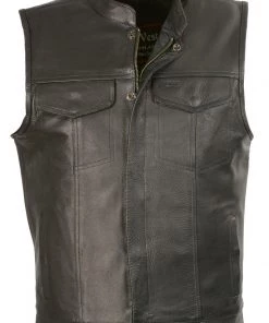 Club Vest CVM3510 Men’s Black Zipper Leather Vest With Seamless Back Design