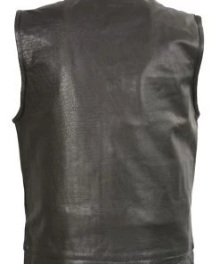 Motorcycle Vests Club Vest CVM3710 Men’s Leather Black Open Neck Vest With Snap And Zip Front Closure