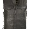 Club Vest CVM3712 Men’s Black Side Lace Leather Vest With Seamless Back Design Motorcycle Vests