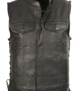 Club Vest CVM3712 Men’s Black Side Lace Leather Vest With Seamless Back Design Motorcycle Vests