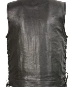 Club Vest CVM3712 Men’s Black Side Lace Leather Vest With Seamless Back Design Motorcycle Vests