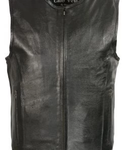 Club Vest CVM3740 Men’s Black Seamless Front And Back Design Leather Vest Motorcycle Vests