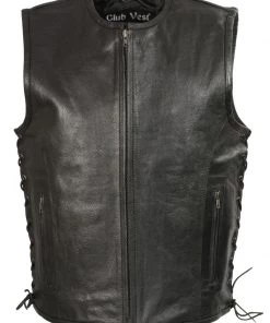 Motorcycle Vests Club Vest CVM3741 Men’s Black Zipper Front Side Lace Leather Vest With Seamless Design