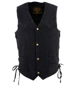 Motorcycle Vests Milwaukee Leather DM1315 Men's Black Denim Classic Side Lace Snap Front Vest