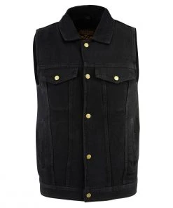 Milwaukee Leather DM1331 Men's Black Snap Front Denim Vest With Shirt Style Collar Motorcycle Vests