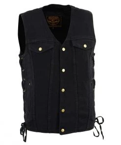 Milwaukee Leather DM1360 Men's Black Side Lace Denim Vest With Chest Pockets