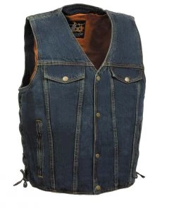 Milwaukee Leather DM1360 Men's Blue Side Lace Denim Vest With Chest Pockets Motorcycle Vests