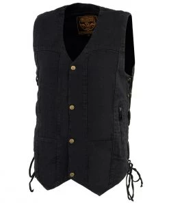 Milwaukee Leather DM1990 Men's Black 10 Pocket Side Lace Denim Vest