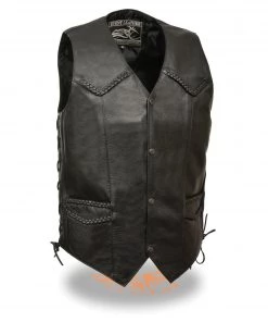 Event Leather EL1314GO Men's Leather Black Classic Side Lace Biker Vest With Braiding Motorcycle Vests
