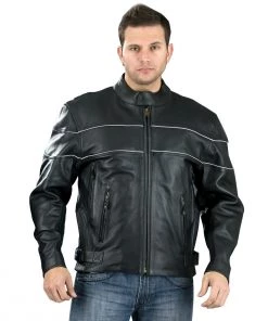 Genuine Leather EL2121 Men's Black Side Stretch Jacket With Reflective Piping