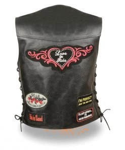 Vest With Patches Event Leather ELL4900 'Love To Ride' Ladies Black Leather Vests With Side Laces And Patch Embroidery