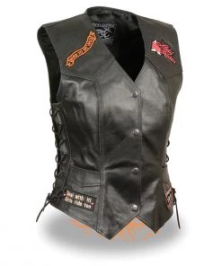 Vest With Patches Event Leather ELL4900'Love To Ride' Ladies Black Leather Vests With Side Laces And Patch Embroidery