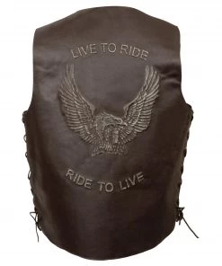 Event Leather ELM3900 'Live To Ride' Men's Brown Leather Vest With Side Lace And Flying Eagle Emboss Motorcycle Vests