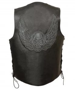 Event Leather ELM3905 'Mayhem' Men's Black Leather Side Lace Vest With Winged Skull Emboss