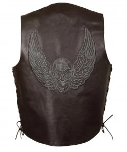 Event Leather ELM3905'Mayhem' Men's Brown Leather Side Lace Vest With Winged Skull Emboss Motorcycle Vests