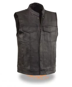 Event Leather ELM3910 Men's Black Leather Open Neck Snap And Zip Front Club Style Vest Motorcycle Vests