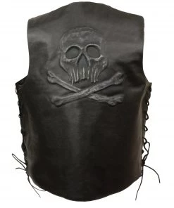 Event Leather ELM3915 'Skull And Cross Bones' Men's Black Side Lace Leather Emboss Vest
