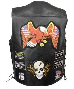 Motorcycle Vests Event Leather ELM3920 Men's Black Side Leather Vest With 23 Patches